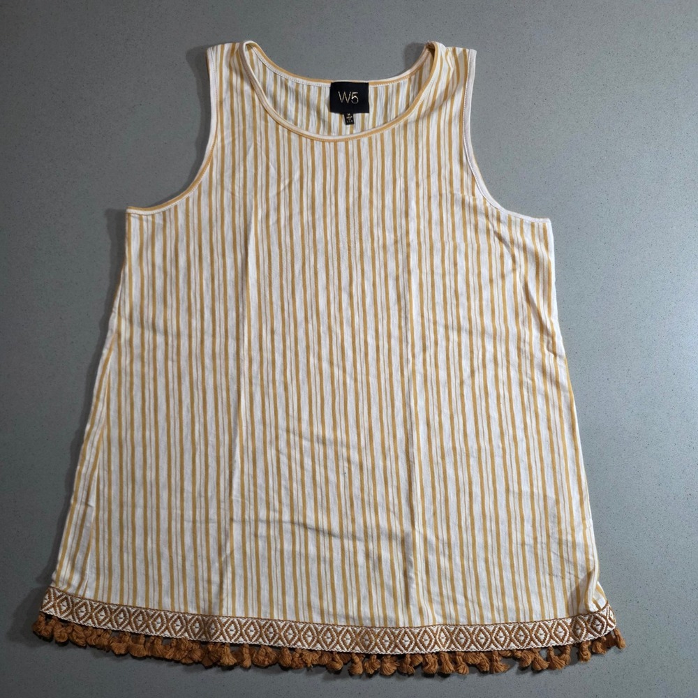 W5 Womens Yellow White Striped Tassel Hem Tank Top Size M 22919ADL Made in USA